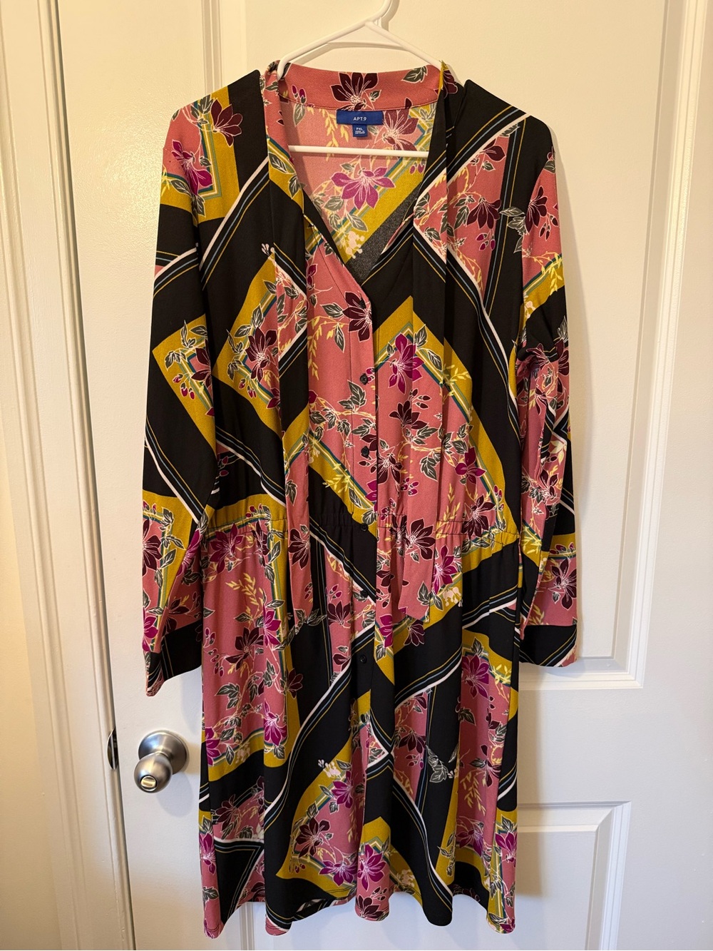 Apt. 9 Pink Floral V-Neck Long Sleeve Midi Dress with Black & Mustard Accents